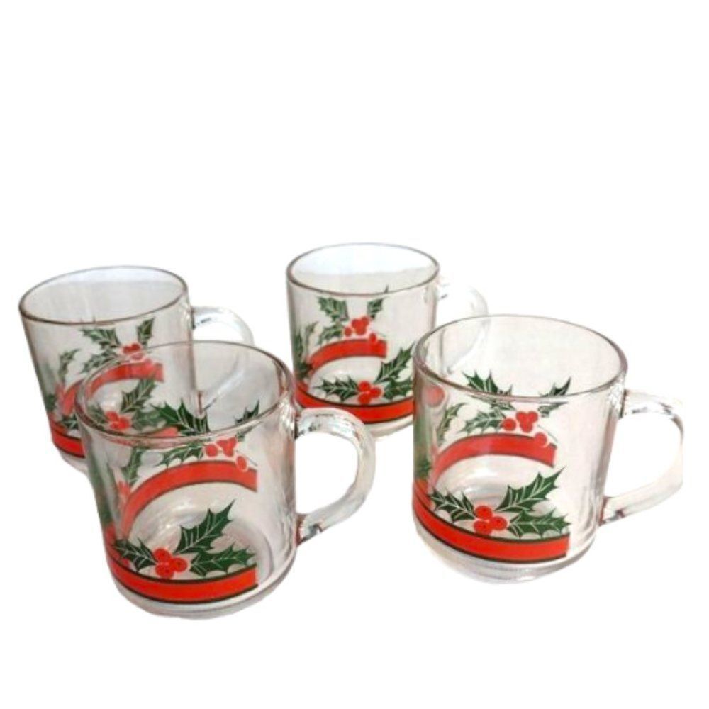 Vintage Set of 4 Libbey Christmas Decoration Holly‎ and Berries Clear Glass Mugs